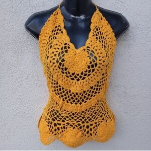 Handmade Yellow Crochet Halter Top Women's Summer Artisan Bohemian Small Medium